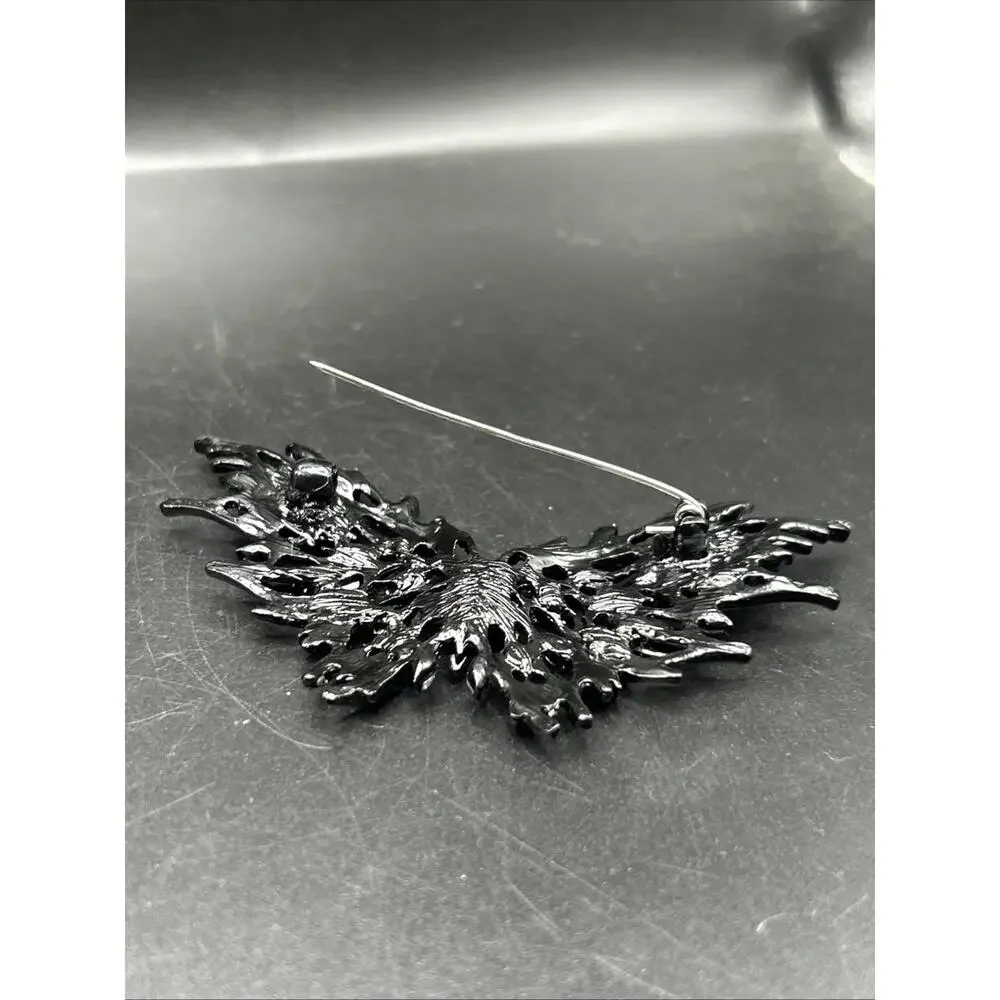 Modern Black Butterfly Pin Brooch Blue Rhinestone 3 1/2” Gothic Ragged Emo